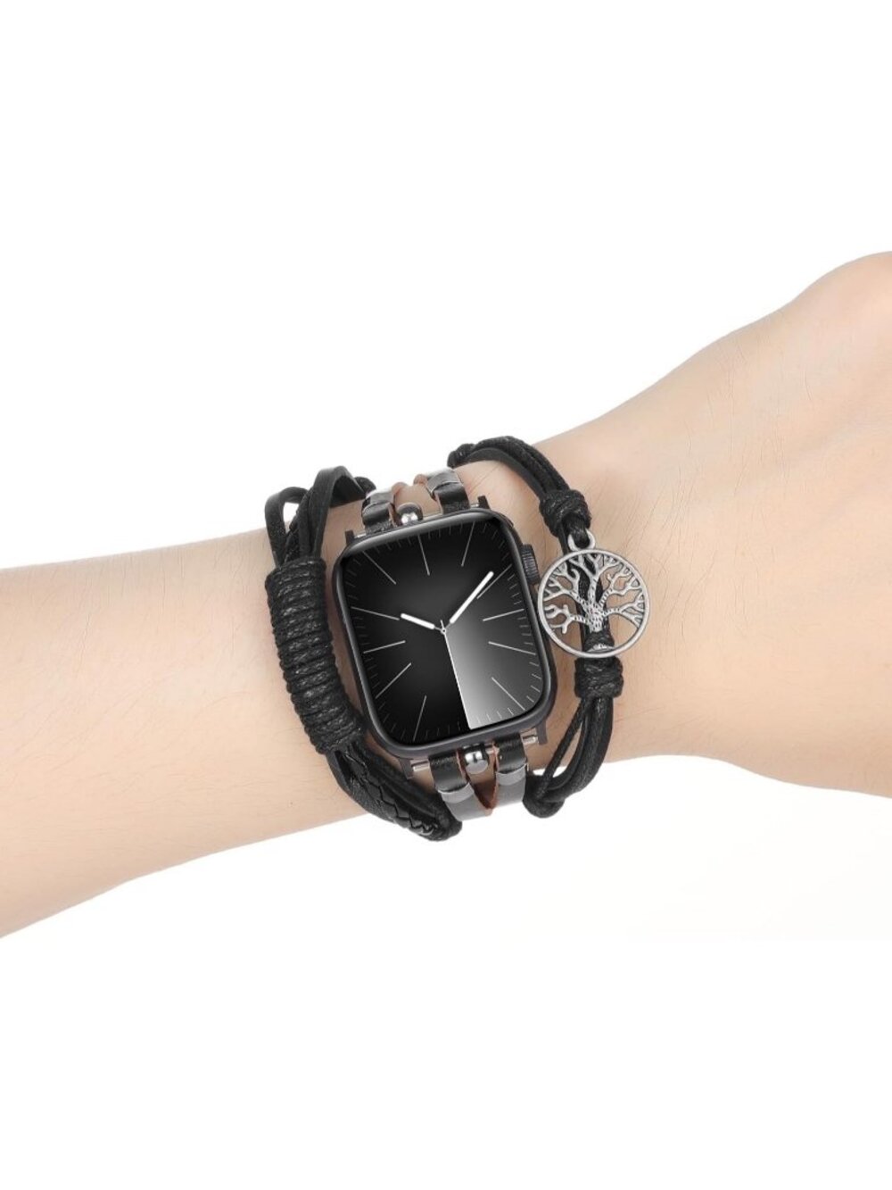 Unisex Black/Tree of Life Beaded Boho Bracelet Compatible with Apple Watch - Picture 3 of 4